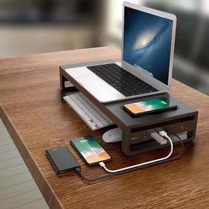 Kép valamiből Fém monitorállvány USB portokkal és vezeték nélküli töltéssel