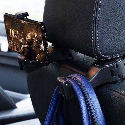Kép valamiből Multifunkční háček/držák telefonu do auta za opěrku
