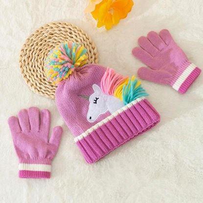 Kép Gyermek téli szett sapkával és kesztyűvel, unikornis mintával