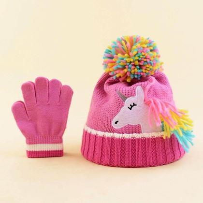 Kép valamiből Gyermek téli szett sapkával és kesztyűvel, unikornis mintával
