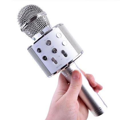 Kép valamiből Vezeték nélküli karaoke mikrofon hangszóróval és Bluetooth-szal, ezüst színben