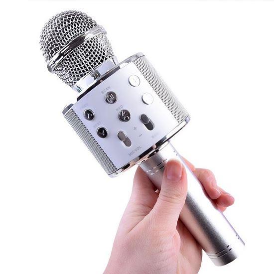 Kép valamiből Vezeték nélküli karaoke mikrofon hangszóróval és Bluetooth-szal, ezüst színben