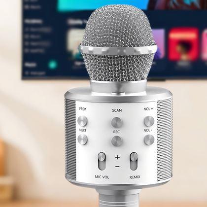 Kép valamiből Vezeték nélküli karaoke mikrofon hangszóróval és Bluetooth-szal, ezüst színben