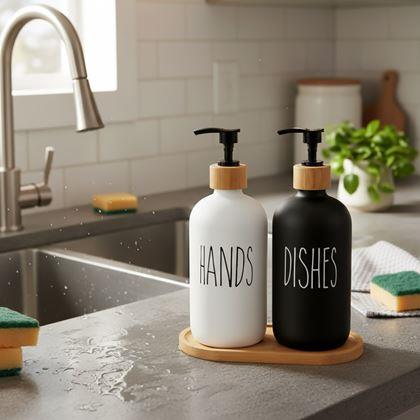 Kép valamiből Szappan- és mosogatószertartó pumpás adagolószett tálcával