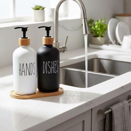 Kép valamiből Szappan- és mosogatószertartó pumpás adagolószett tálcával