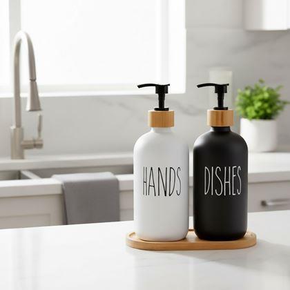 Kép valamiből Szappan- és mosogatószertartó pumpás adagolószett tálcával