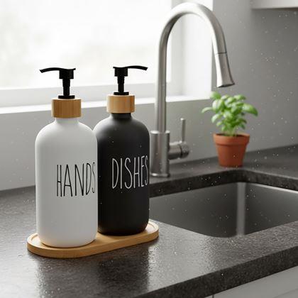 Kép valamiből Szappan- és mosogatószertartó pumpás adagolószett tálcával