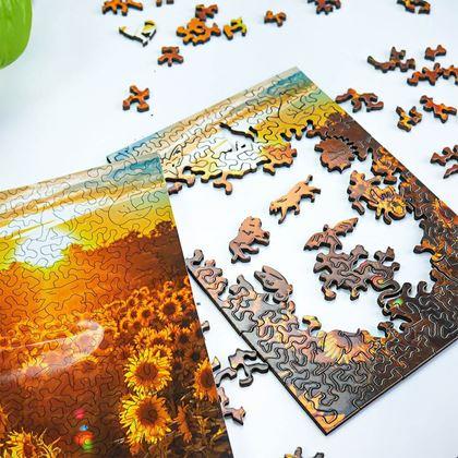 Kép valamiből Szabálytalan formájú fából készült puzzle  - napraforgómező