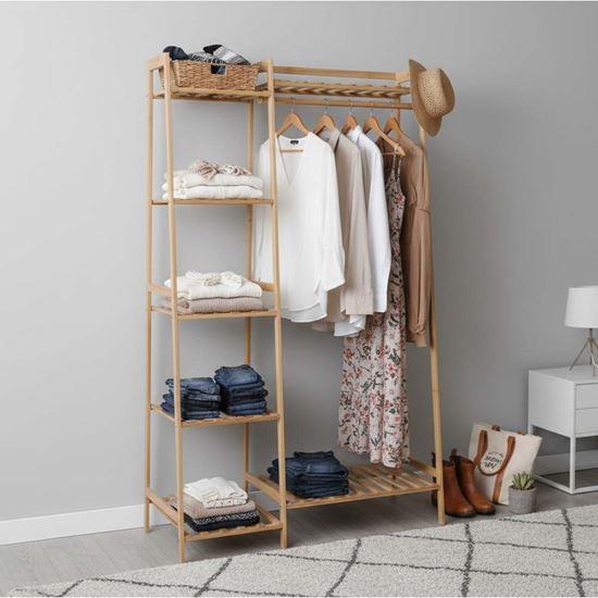 Kép valamiből Fa állvány ruhákhoz polcokkal és akasztóval - 80 cm széles