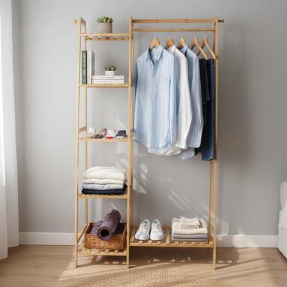 Kép valamiből Fa állvány ruhákhoz polcokkal és akasztóval - 80 cm széles