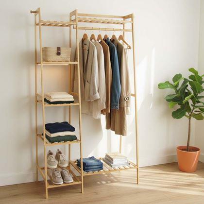 Kép valamiből Fa állvány ruhákhoz polcokkal és akasztóval - 80 cm széles