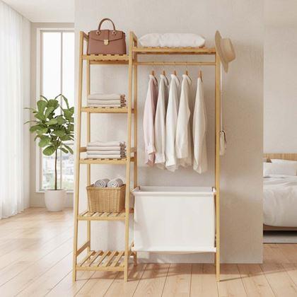 Kép valamiből Fa állvány ruhákhoz polcokkal és akasztóval - 80 cm széles