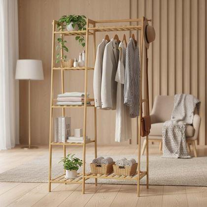 Kép valamiből Fa állvány ruhákhoz polcokkal és akasztóval - 80 cm széles