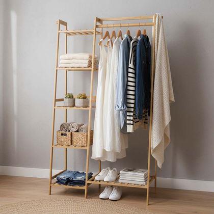 Kép valamiből Fa állvány ruhákhoz polcokkal és akasztóval - 80 cm széles