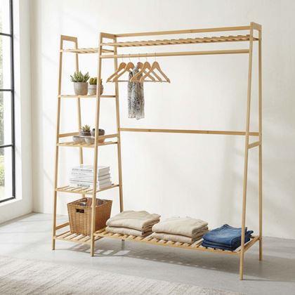 Kép valamiből Bambusz ruhatartó állvány polcokkal és akasztóval – 130 cm széles