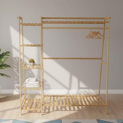 Kép valamiből Fából készült ruhatartó állvány polcokkal és akasztóval - 130 cm széles