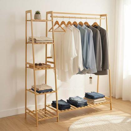 Kép valamiből Fából készült ruhatartó állvány polcokkal és akasztóval - 130 cm széles