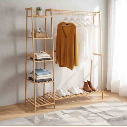 Kép valamiből Fából készült ruhatartó állvány polcokkal és akasztóval - 130 cm széles