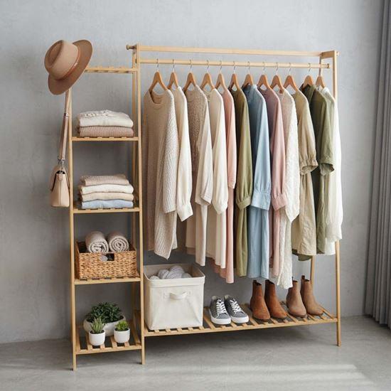 Kép valamiből Fából készült ruhatartó állvány polcokkal és akasztóval - 130 cm széles