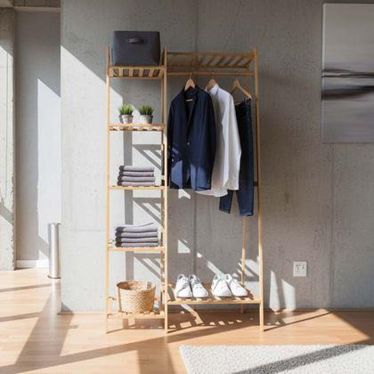 Kép valamiből Bambusz ruhatartó állvány polcokkal és akasztóval – 80 cm széles