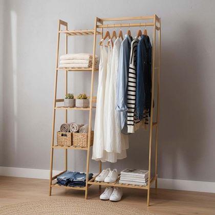 Kép valamiből Bambusz ruhatartó állvány polcokkal és akasztóval – 80 cm széles