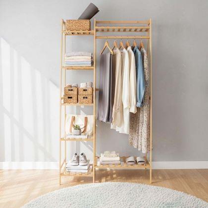 Kép valamiből Bambusz ruhatartó állvány polcokkal és akasztóval – 80 cm széles