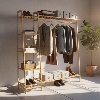 Kép valamiből Bambusz ruhatartó állvány polcokkal és akasztóval – 130 cm széles