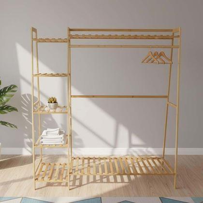 Kép valamiből Bambusz ruhatartó állvány polcokkal és akasztóval – 130 cm széles