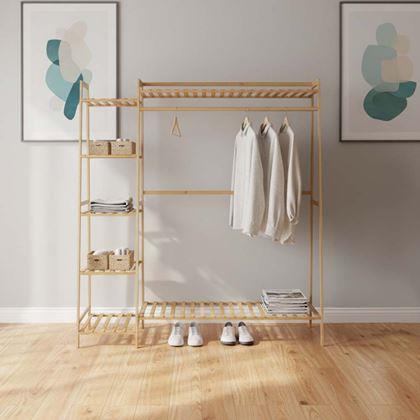 Kép valamiből Bambusz ruhatartó állvány polcokkal és akasztóval – 130 cm széles