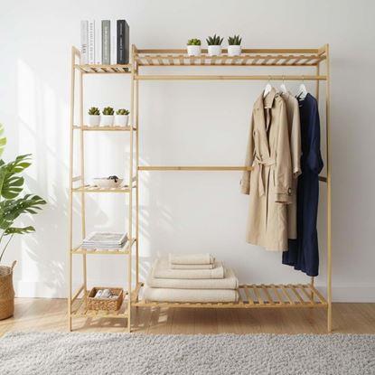 Kép Bambusz ruhatartó állvány polcokkal és akasztóval – 130 cm széles