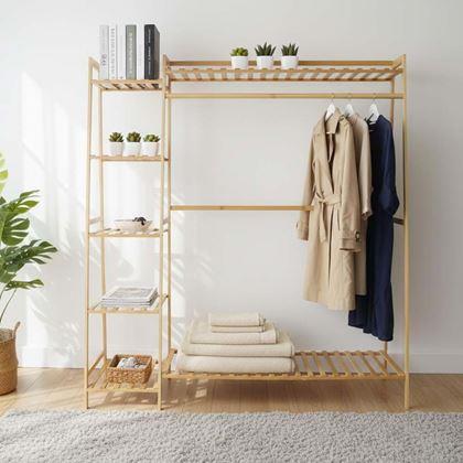 Kép valamiből Bambusz ruhatartó állvány polcokkal és akasztóval – 130 cm széles