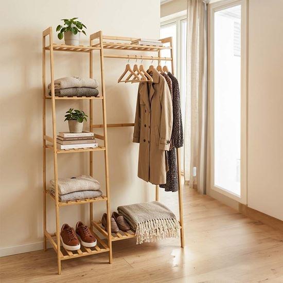 Kép valamiből Bambusz ruhatartó állvány polcokkal és akasztóval – 80 cm széles