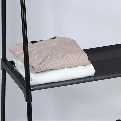 Kép valamiből Fém fekete ruhatartó állvány 2 polccal, görgőkkel