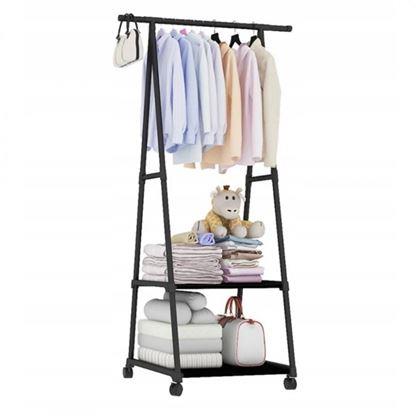 Kép valamiből Fém fekete ruhatartó állvány 2 polccal, görgőkkel