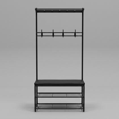 Kép valamiből Fém fekete előszobai állvány cipőtárolóval, ülőkével és akasztóval, 80x170 cm